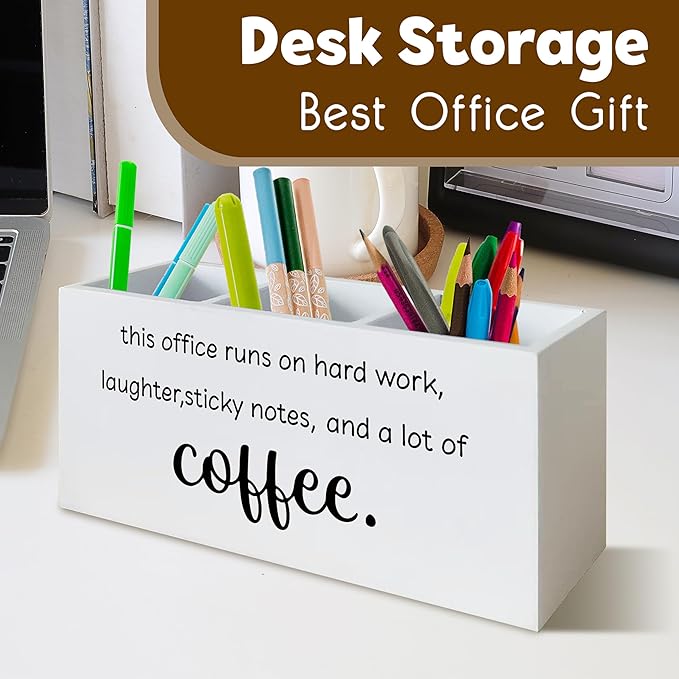 Funny Office Gifts Pen Holder for Desk, Work Humor Gifts for Coworkers Coffee Lovers, This Office Runs on Hard Work Wooden Pen Pencil Holder Organizer for Desk Accessories
