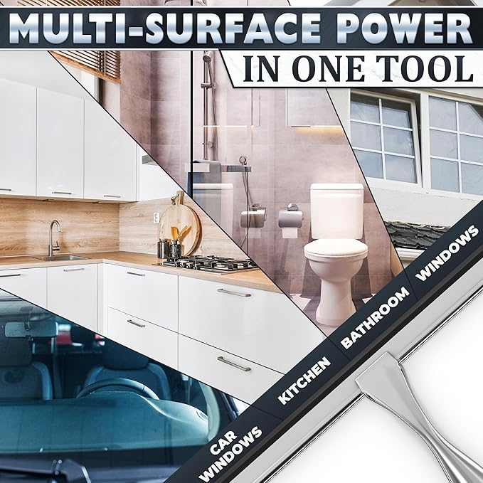 12 Inch Silver All-Purpose Stainless Steel Shower Squeegee for Shower Glass Door with 2 Hooks (Adhesive & Regular), Bathroom Cleaner Tool, Window & Mirror Squeegee for Tile Walls, Car Glass Surfaces