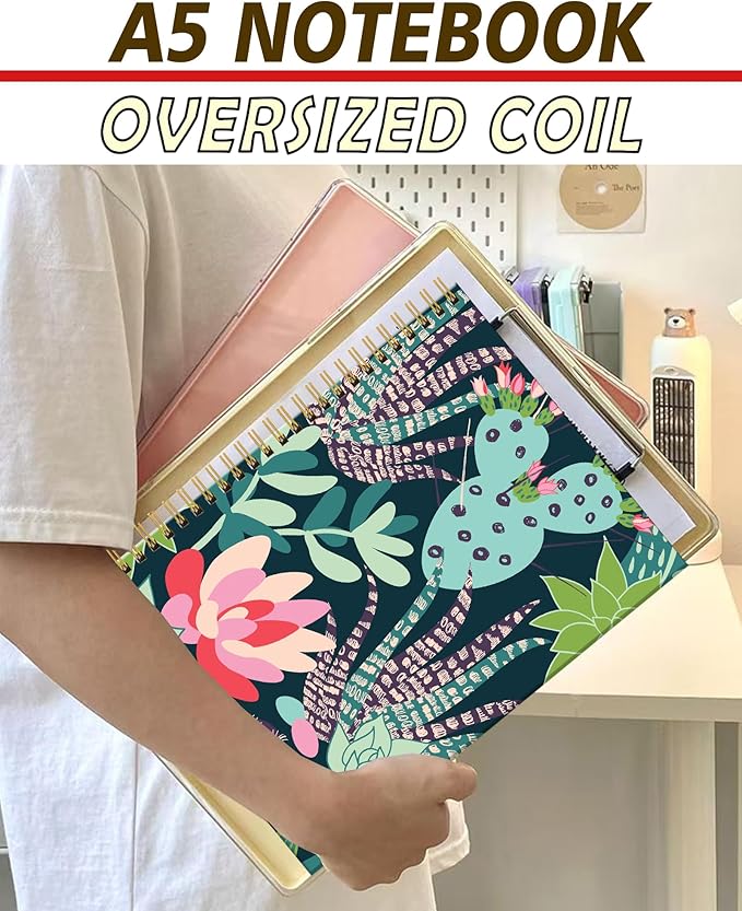 Spiral Notebook A5, Hardcover Journal for Women, 120 Pages Thick College Ruled Paper, Perfect for Office, School, or Home Use(Doodle Cactus)