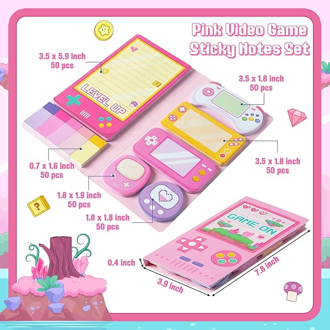 B1ykin Sticky Notes Set, Cartoon Theme Cute Self-Stick Notes Pad Teacher Appreciation Gifts， Self-Adhesive Writing Memo Pages Sticky to Do Notepad for Employee School Office (Pink Video Game)