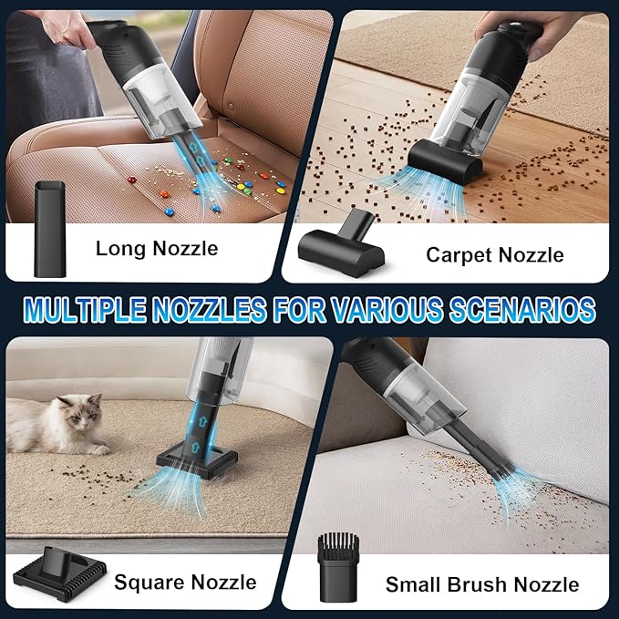 Carry360 38000PA Handheld Vacuum Cordless | 120W Deep Cleaning for Car Pet Hair | Portable Cleaner with 2000mAh Battery, LED Light & Multi-Nozzles | Home Office Multi-Surface