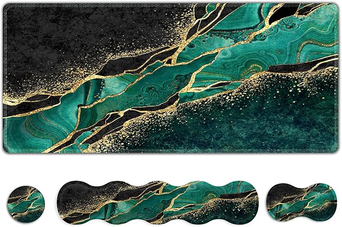 Extended Gaming Mouse Pad, Keyboard Wrist Rest Pad, Wrist Support Mousepad Set, Artso Large Stable Rubber Base Stitched Edges Desk Pad (35 x15.5 in) for Work, Game, Office, Home, Emerald Marble