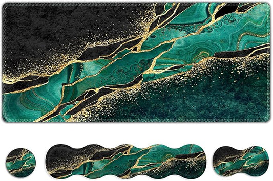 Extended Gaming Mouse Pad, Keyboard Wrist Rest Pad, Wrist Support Mousepad Set, Artso Large Stable Rubber Base Stitched Edges Desk Pad (35 x15.5 in) for Work, Game, Office, Home, Emerald Marble