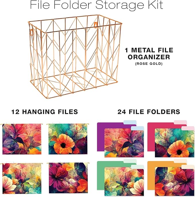 Global Printed Products Deluxe Designer Hanging File Folder Kit, Includes Metal Hanging Basket, 12 Hanging Folders, 24 File Folders, 1/3 Cut Tab, Assorted Positions, Letter Size (Abstract Floral)