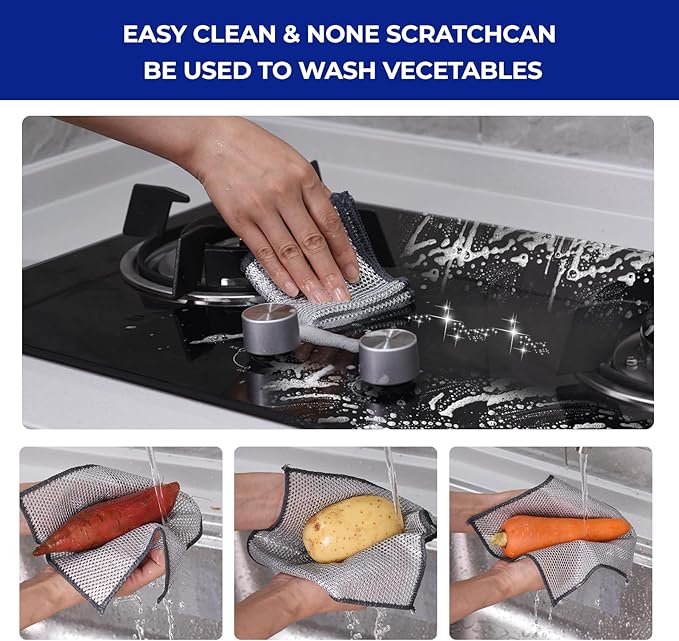 24PCS 3-Layer Non-Scratch Multipurpose Steel Wire Dishcloths - Reusable Quick-Dry Odor-Free Scrub Cloths for Dishes, Kitchen Cleaning Cloths for Cookware, Sinks, Stove Tops(7.87X7.87)