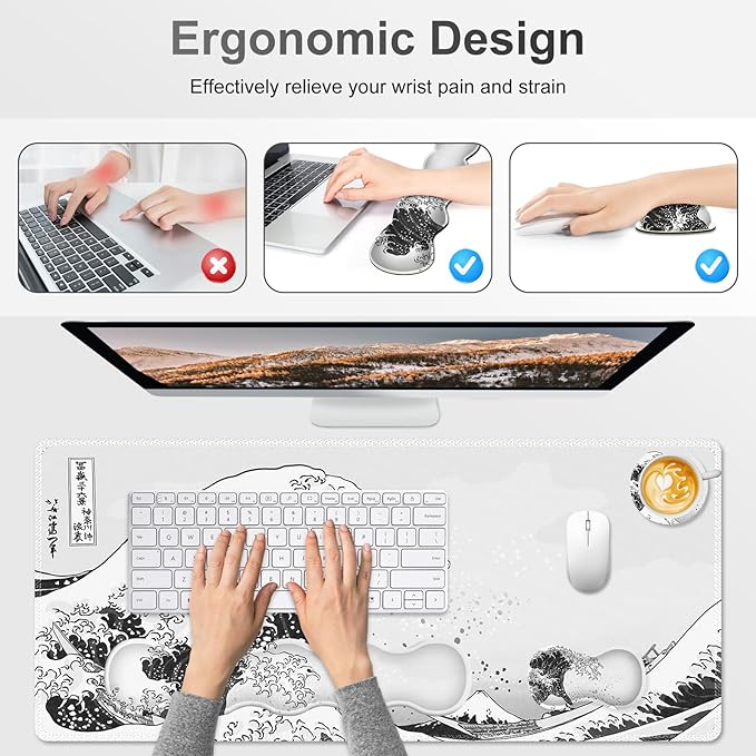 Gaming Mouse Pad Keyboard Wrist Support, 4 in1 Mousepad Set with Wrist Keyboard Rest, Computer Desk Mat, Non-Slip Desk Pad Protector with Memory Foam Easy Typing Pain Relief I Japanese Sea Wave