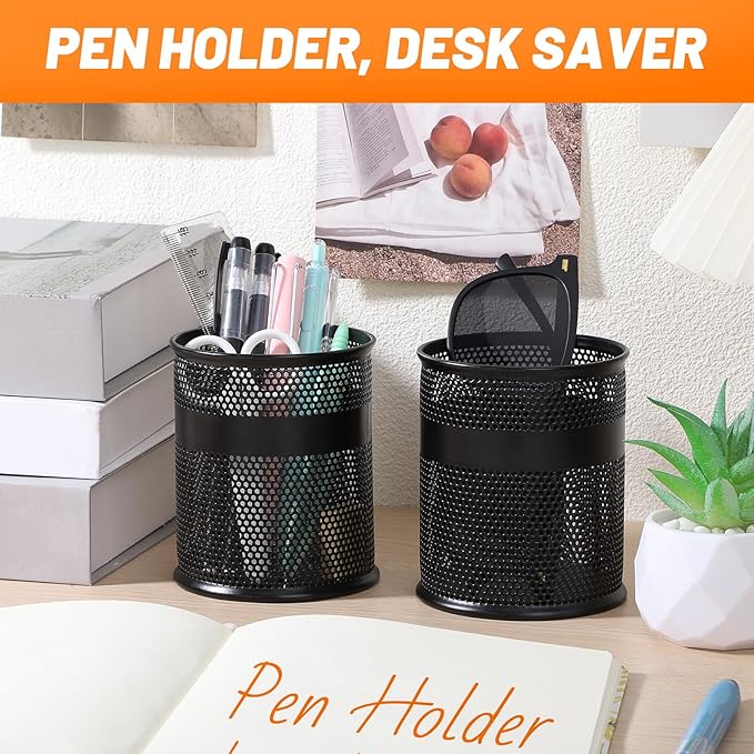 Segarty Pen Cups, 6 Pack Black Steel Mesh Desk Pen Pencil Holder, Round Pen Container Pencil Cups Desk Organizers for Home Office