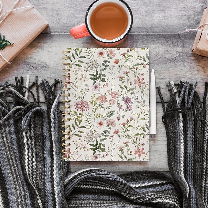 Floral Journal Notebooks, Girly Aesthetic College Ruled Notebooks for Note Taking, Cottagecore Botanical Floral Journal Journaling, Spiral Notebook 5.5x8.3