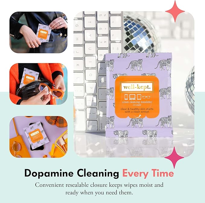 Well-Kept Tech & Lens Wipes - Eyeglass, Screen & Phone Cleaning, Multi-Surface, Lint-Free, Pre Moistened, Streak-Free & Non Scratching - Tiger Pose, 6 Pack (90 Count)