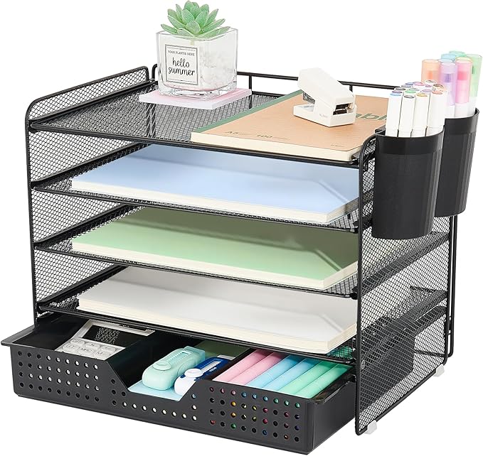 5-Tier Paper Organizer Letter Tray with Drawer & 2 Pen Holders, Desk Organizer and Accessories for Desktop File Workspace Organization, Office Desk Accessories Office Supplies Storage (Black)