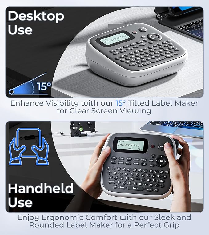 D210s Label Maker Machine with 4 Tapes, Label Maker Waterproof-Labels Bundle, Labeler Machine with Tapes 12mm 0.47 Laminated White, Inkless Labeling Machine for Office & School Supplies