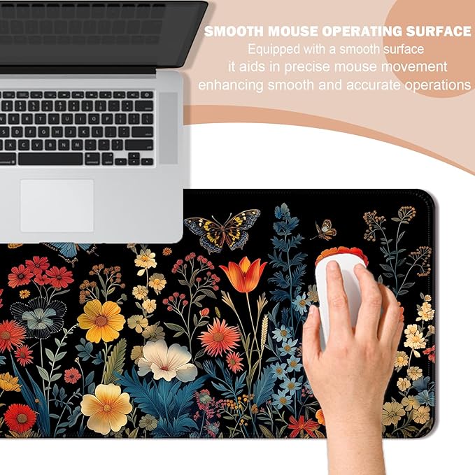 Pretty Butterfly Floral Desk Mat,Large Garden Flowers Plant Gaming Mouse Pad, Computer Keyboard Laptop Mousepad for Work, Game and Office, XL,Black