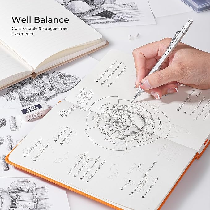 Nicpro 45PCS Black & Silver Metal Mechanical Pencil Set in Leather Case, Art Drafting Pencil 0.5, 0.7, 0.9 mm, 2mm Lead Holders for Sketching Drawing With 27 Tube (6B 4B 2B HB 2H 4H Colors)Lead Refill