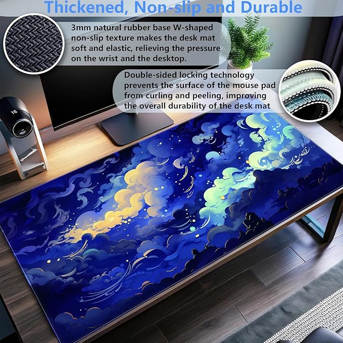 XL Gaming Desk Pad Kawaii Dark Blue Clouds Design, Non-Slip Surface & Stitched Edges, 31.5x15.7 in - Cute Aesthetic for Office or Gaming Setup