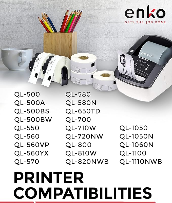 enKo - Compatible DK-1201 Standard Address 1-1/7" x 3-1/2" Replacement Labels, Compatible for Brother QL Label Printers [96 Rolls / 38400 Labels with 32 Refillable Cartridge Frame]