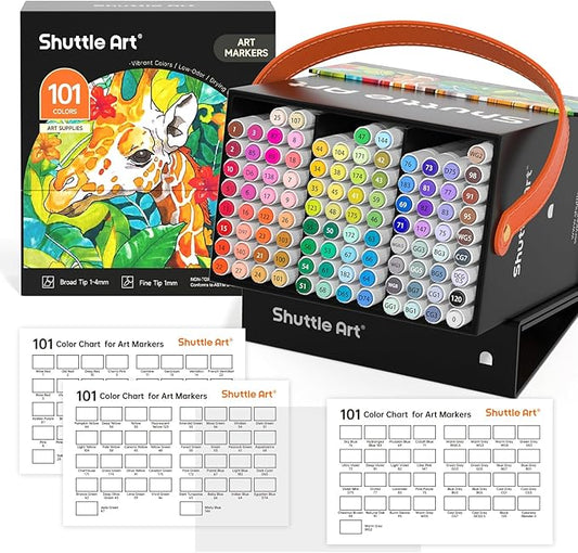 Shuttle Art 101 Colors Alcohol Markers, 100 Colors Dual Tip Art Marker Set Plus 1 Colorless Blender with Marker Case Perfect for Illustration Students Adult Coloring Sketching
