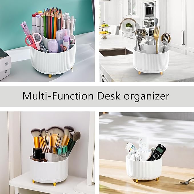 Office Desk Accessories, White Office Supplies 360°Pen Holder Desk Organizers And Accessories with Tape Dispenser, Stapler, Staple Remover, 1000 Staples, Tape, Clips Set, Ruler, Scissor, Pen