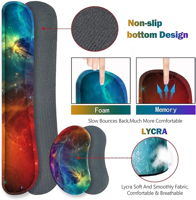 ARTSO Extended Gaming Mouse Pad Set, Keyboard Wrist Rest Support Pad + Wrist Cushion + XXL Large Mouse Pad + Coaster, Stitched Edge, Non-Slip, Memory Foam Desk Mat, Color Nebula Galaxy
