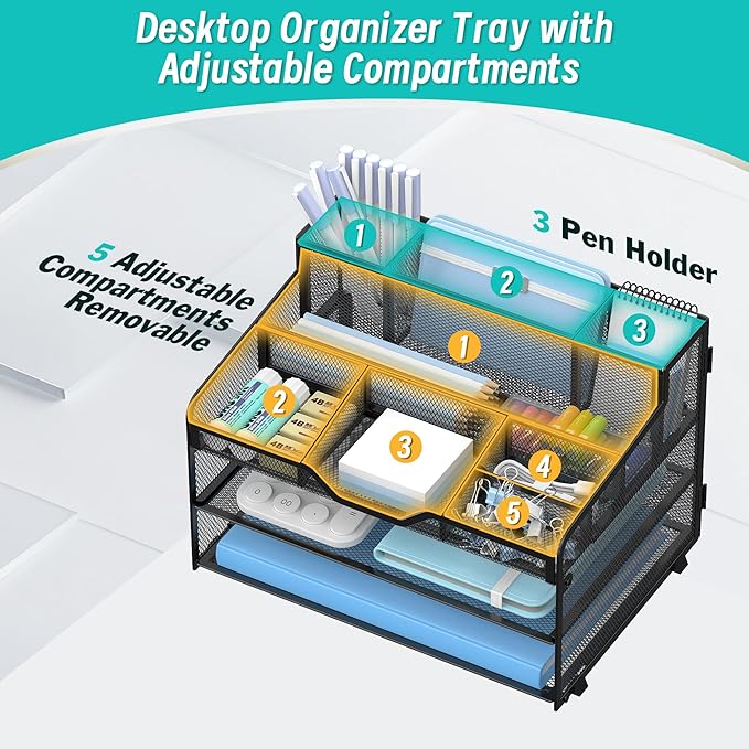 3 Tier Mesh Desk Organizer,Multi Functional Letter Paper Tray with 3 Pen Holders and 5 Adjustable Storage Compartments for Office Supplies Files and Mail Space Saving Desktop Organizer-Black