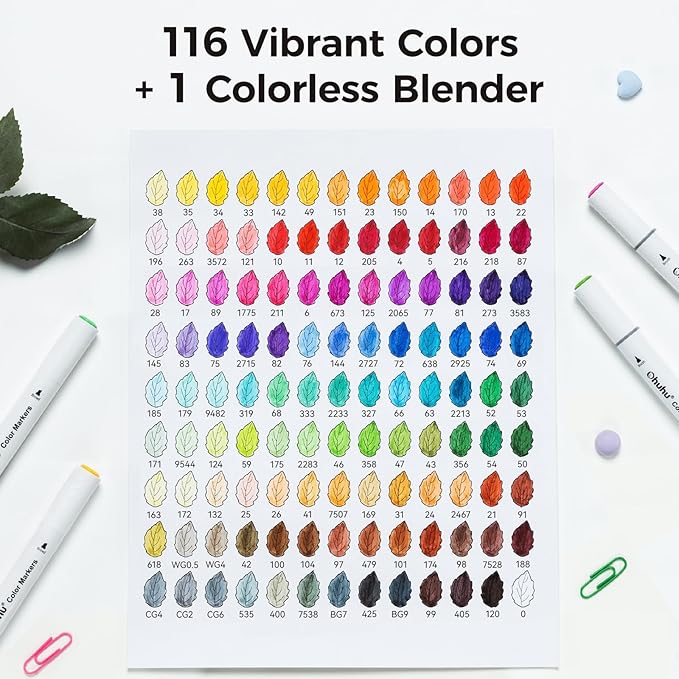 Ohuhu Markers for Adult Coloring Books No Bleeding 116 Colors Water-based Dual Tips Brush & Chisel Coloring Markers for Kids Adults Beginners Drawing Pens for Journaling Lettering