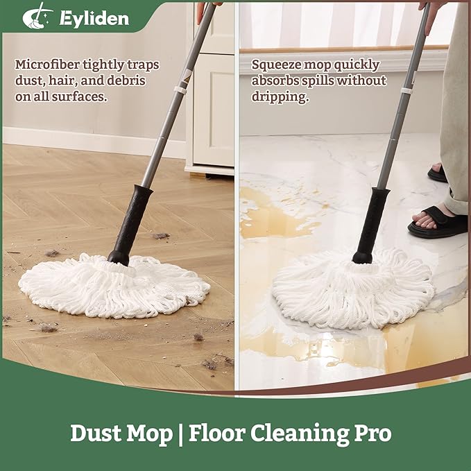 Eyliden Twist Mop - Simple | Easy Self-Wringing, 57" Long Handle, Safe for All Type Floors, Microfiber String Mops for Cleans Dust & Pet Hair, Quick Absorbs Water Spills on Floor, JX-0001 (White)