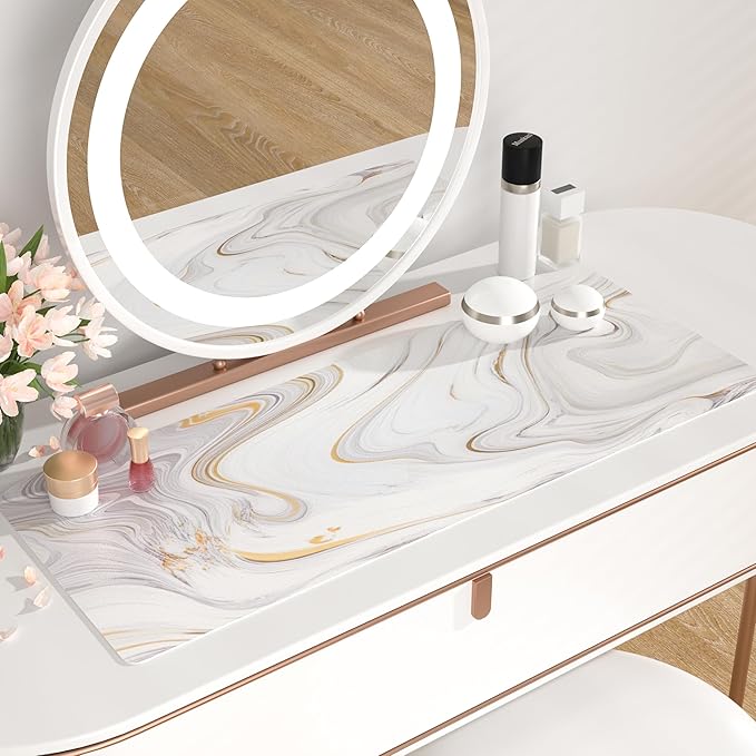 QIYI White Mouse Pad, Cute Marble Large Desk Mat, PU Leather Desk Protector Mousepad, Gold Grey Striped Waterproof Computer Keyboard Gaming Mouse Pads, Non Slip Extended Writing Pad 31.5" x 11.8"