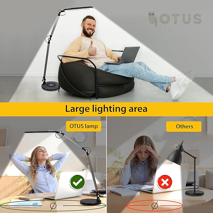 OTUS Desk Lamps for Home Office with Wireless Charger | 3 Color & 12 Brightness Levels | Tall Architect LED Desk Lamp Adjustable Swing Arm | Eye Care Light for Reading, Study, Drafting, Video Calls