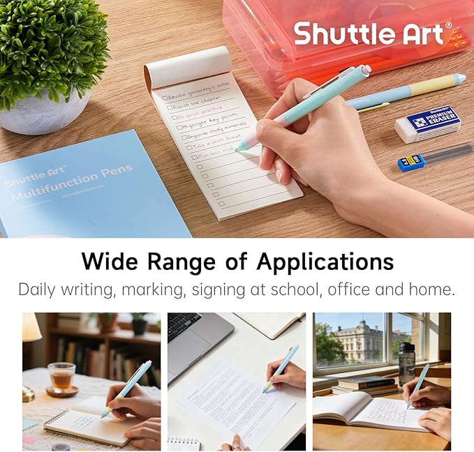 Shuttle Art 4 in 1 Multicolor Pen, 2 Pack Retractable Ballpoint Pens with 1.0mm Black Blue Red Ink and 0.5mm Mechanical Pencil, Multifunction Pens Fresh Style Gift Set for Writing School Office Home