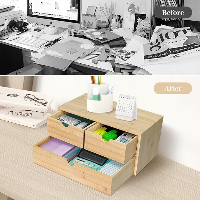 Bamboo Desk Organizer, 3 Drawer Desktop Organizer, Tabletop Storage Organization Box for Bills, Countertop, Home Office Supplies