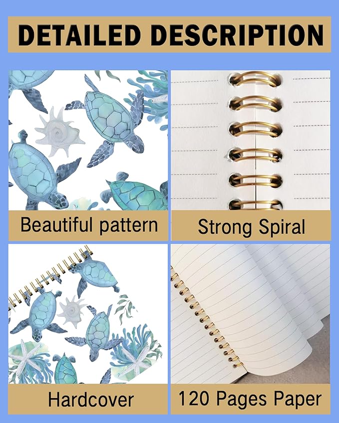 Spiral Notebook A5, Hardcover Journal for Women, 120 Pages Thick College Ruled Paper, Perfect for Office, School, or Home Use(Turtles and Starfish)