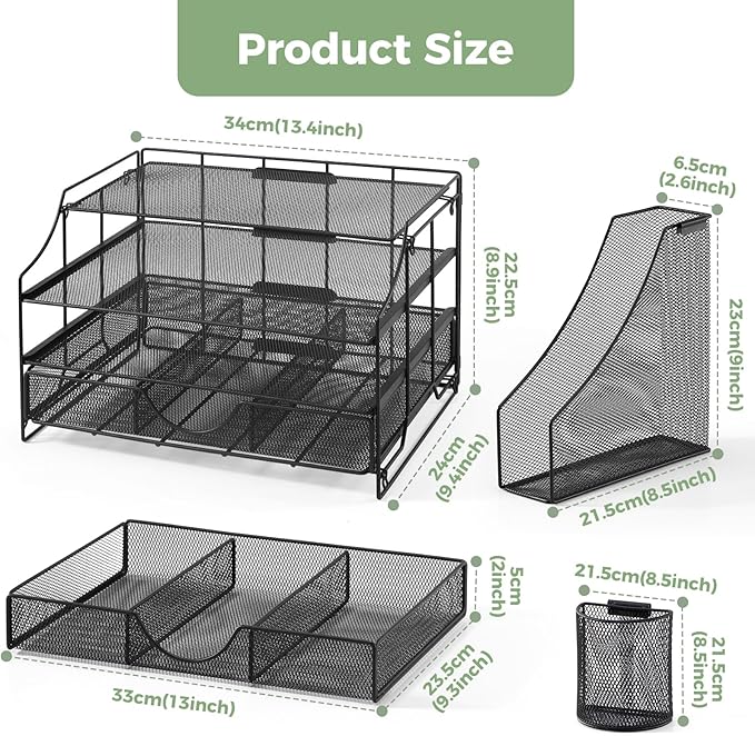 Desk Organizers and Accessories, 4 Tier Paper Letter Tray Organizer Holder Desk Organization with Drawer, Mesh Desktop Organizer with Vertical File Holder Workspace Accessories for Office Supplies