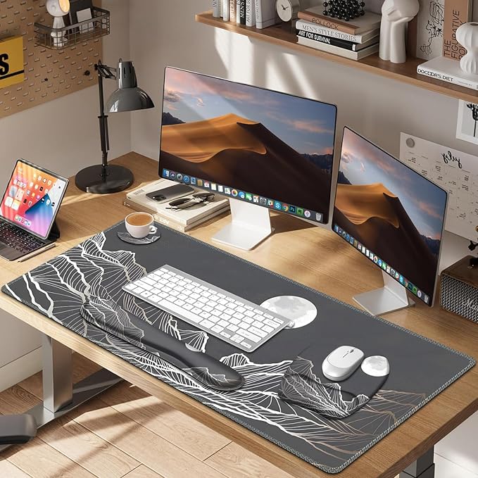 Large Mouse Pad, Keyboard Wrist Rest Set, Ergonomic Mouse Pad with Wrist Support, Desk Mat with Stitched Edges + Coaster, Extended Desk Pad Waterproof Desk Mat for Home Office Game I Moon and Valley