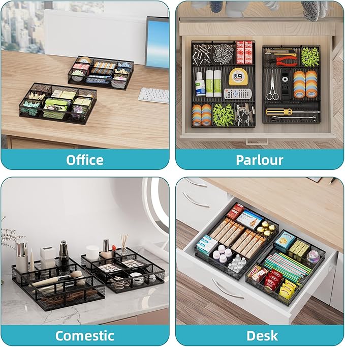 Marbrasse 2 Pack Desk Drawer Organizer, Mesh Drawer Organizer Tray with 8 Adjustable Compartments, Desk Organizers and Accessories, 5 Dividers Drawer for Office Supplies, Makeup & Vanity (Black)