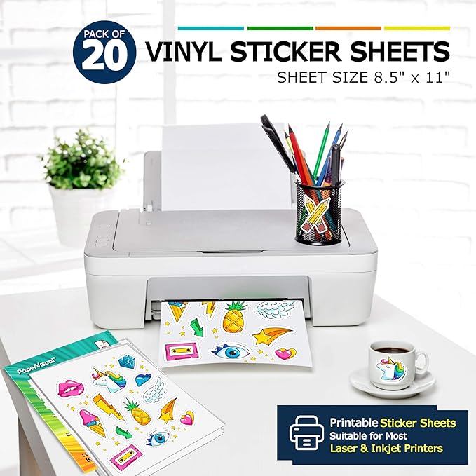 Premium Printable Vinyl Sticker Paper for Inkjet and Laser Printer - 20 White Matte Sticker Paper Waterproof - Excellent Adhesion Paper 8.5 x 11, Fast Dry, Holds Ink Well, Great for Cutting Machines