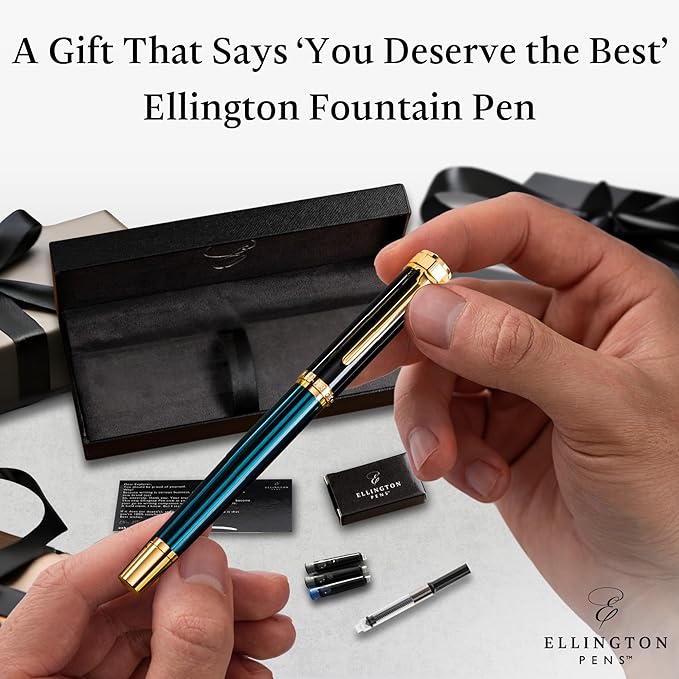 Ellington Pens Luxury Fountain Pen Set - Extra Fine Nib - Includes 3 Ink Cartridges, Refillable Ink Converter, Gift Box -Fountain Pens For Writing, Calligraphy, Journaling, Sketching (Urban Hunter)