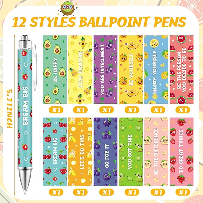 24 Pcs Fruit Themed Sticky Notes with Pens Motivational Gifts Notepad Positive Memo Notes Pads Black Ink Pen for Office School Supplies Students Teacher Employee Coworkers