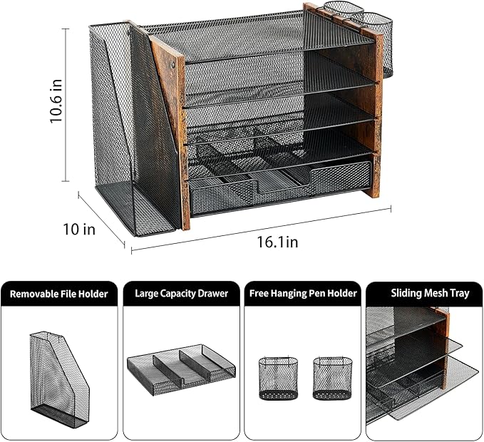 Wood Desk Organizers and Accessories with File Organizer, 5-Tier Paper Organizer with Drawer & Pen Holder, Office Desk Accessories, Workspace Desktop Storage for Office Supplies Organization（Brown）