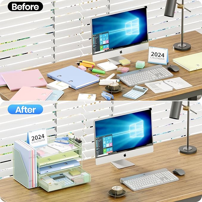 Desk Organizer and Accessories, 4-Tier Desktop File Organizer with Drawer and 2 Pen Holders, Office Desk Accessories for Office Supplies(Green)