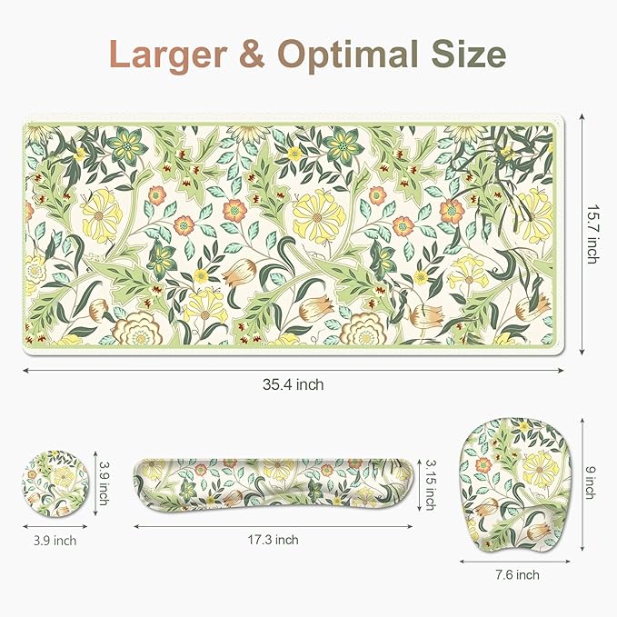 4 in 1 Large Mouse Pad, Keyboard Wrist Rest Set, Ergonomic Mouse Pad with Wrist Support, Desk Mat with Stitched Edges Extended Desk Pad Waterproof Desk Mat for Home Office Game I Green Flower Plants