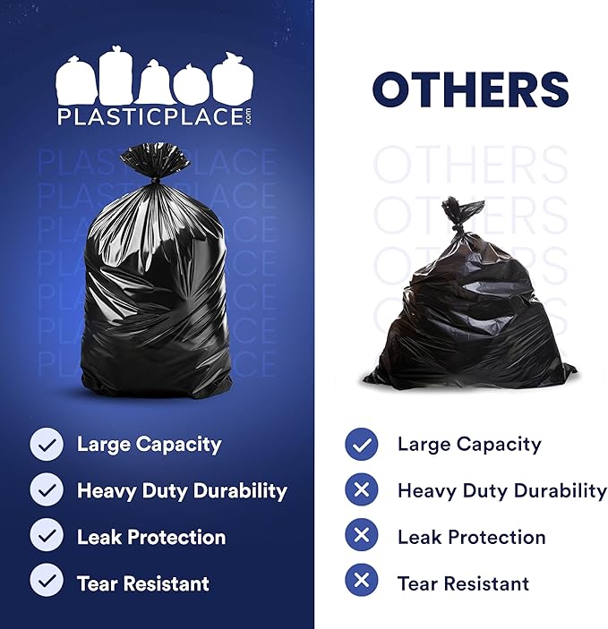 Plasticplace Contractor Garbage Bags: 55 Gallon Trash Bags Heavy Duty, Big Black Trash Bags, 36"x58", 6.0 Mil, Pack of 20