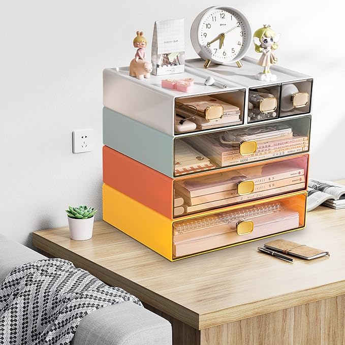 2 PACK Stackable Desk Organizer Stackable Storage Drawer Small Desk Organizer with Drawer Plastic Desktop Storage Organizer for Home, Office, Crafts, Pencils (White, M-1 Drawer, Pack of 2)