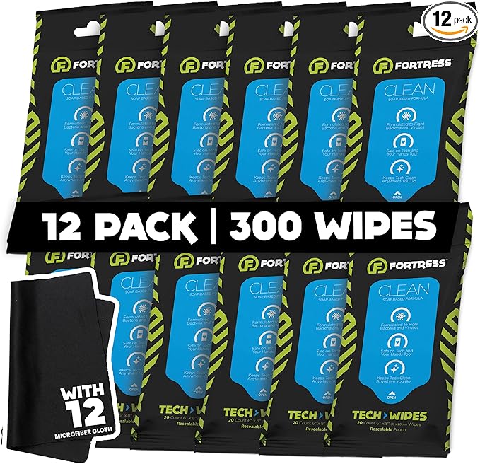 Fortress Electronic Wipes With Microfiber Cloth (25 ct, Pack of 12) To-Go Tech Wipes for Screens, Phones, Keyboards, TV Monitors, Computer Screens, and More [Travel Size] Skin-Safe
