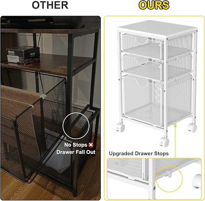 Rolling File Cart with 3 Storage Drawers, Wood & Mesh Hanging File Folder Organizer with Wheels Under Desk, File Cabinets for Home Office, 11.81" D x 14.8" W x 25.39" H, White