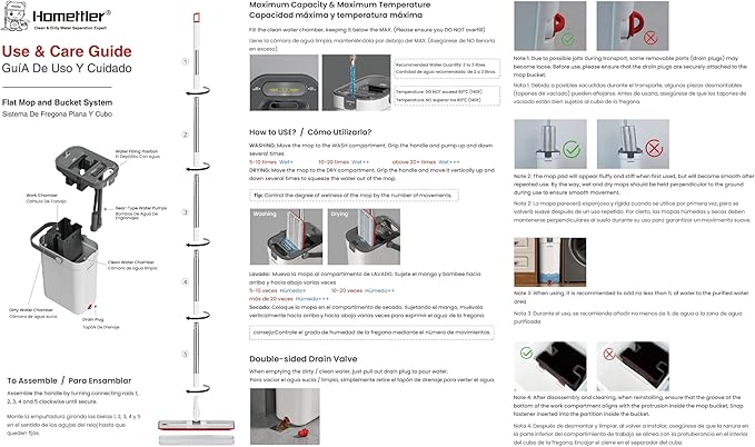 HoMettler Dual-Mop and Bucket Set, 3-Tank Flat Mop and Bucket System with Separate Dirty and Clean Water, Wall Cleaner Mop, Flat Mops for Floor Cleaning with 6 Microfiber Pads