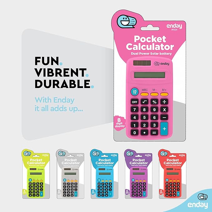 Calculator Pink, Basic Small Solar and Battery Operated, Large Display Four Function, Auto Powered Handheld Calculator School and Kids Available in Green, Red, Purple, Grey, Blue, 1 PK – by Enday