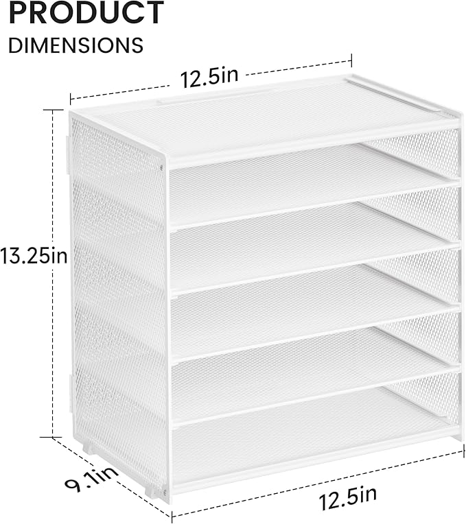 6 Tier Paper Organizer, Metal Mesh Desk File Folder, Letter Tray Organizer, Paper Sorter Desk Organizers for Office, Home or School File Folder Holder - White