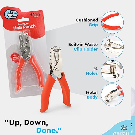 Single Hole Punch Metal Red, 1/4” Hole Puncher with Soft Grip Handles for Paper and Crafts Round Circle Shape, for Kids and Adults, Also Available in Green, Pink, Purple, Blue, Grey, 6 Pc – by Enday