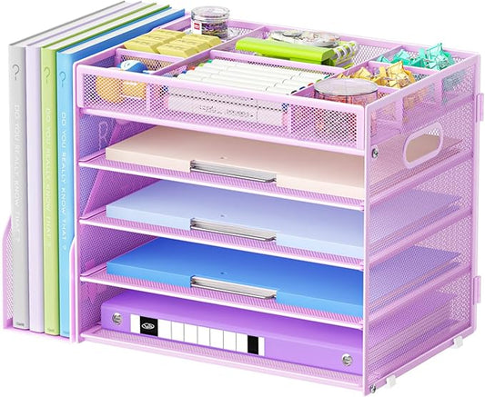 Marbrasse 5-Tier Desk Organizer with File Holder,Paper Letter Tray Organizer,Desktop File Organizer with Adjustable Compartments,Mesh Desk Organizers and Accessories for Office Supplies,Purple