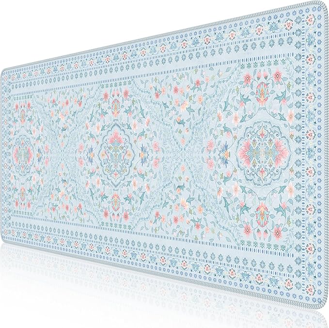HAOCOO Floral Desk Mat for Keyboard and Mouse, Large Laptop Mouse Pad, Waterproof Makeup Mat, Cute Desktop Mat for Home, Desk Skirts for Teacher Desk, Desk Mat for Dorm(Blue)