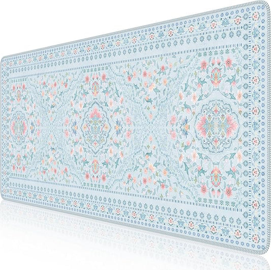 HAOCOO Floral Desk Mat for Keyboard and Mouse, Large Laptop Mouse Pad, Waterproof Makeup Mat, Cute Desktop Mat for Home, Desk Skirts for Teacher Desk, Desk Mat for Dorm(Blue)